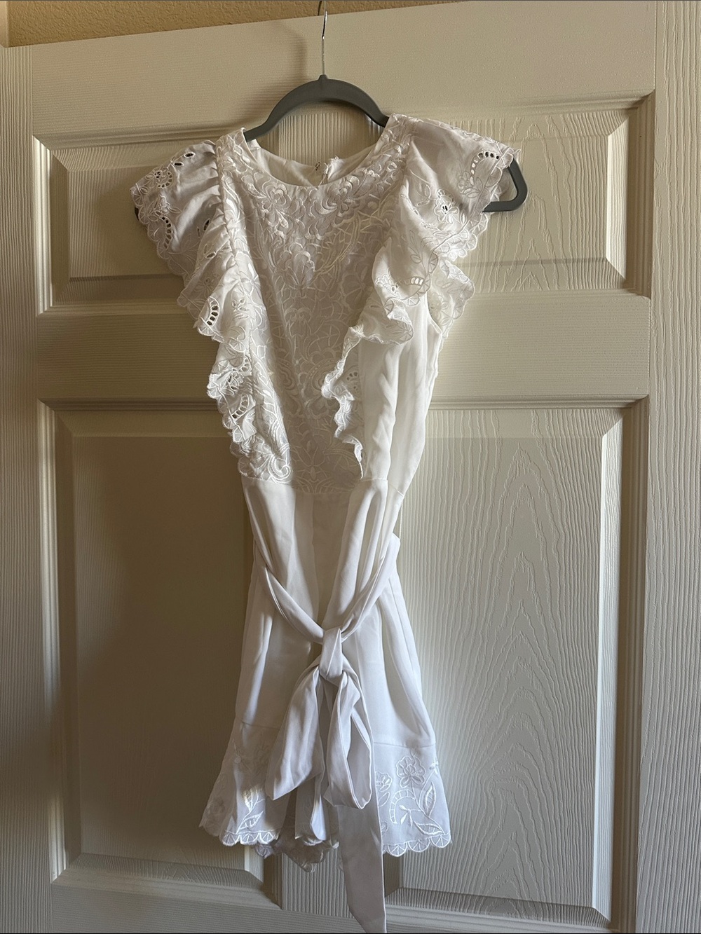 Express White Ruffle Lace Romper with Tie Waist